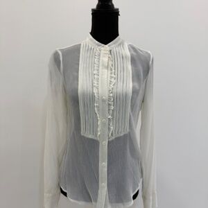 The Limited Silk Tuxedo Front Blouse, Ivory, Size M, Tailored Fit, Long Sleeves